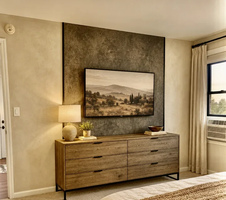 Bedroom design study featuring a wood dresser, textured wall panel, and framed landscape
