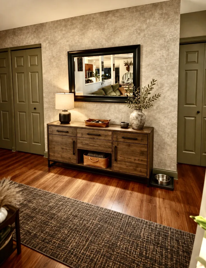 Console design study with warm wood, a black framed mirror, and olive doors