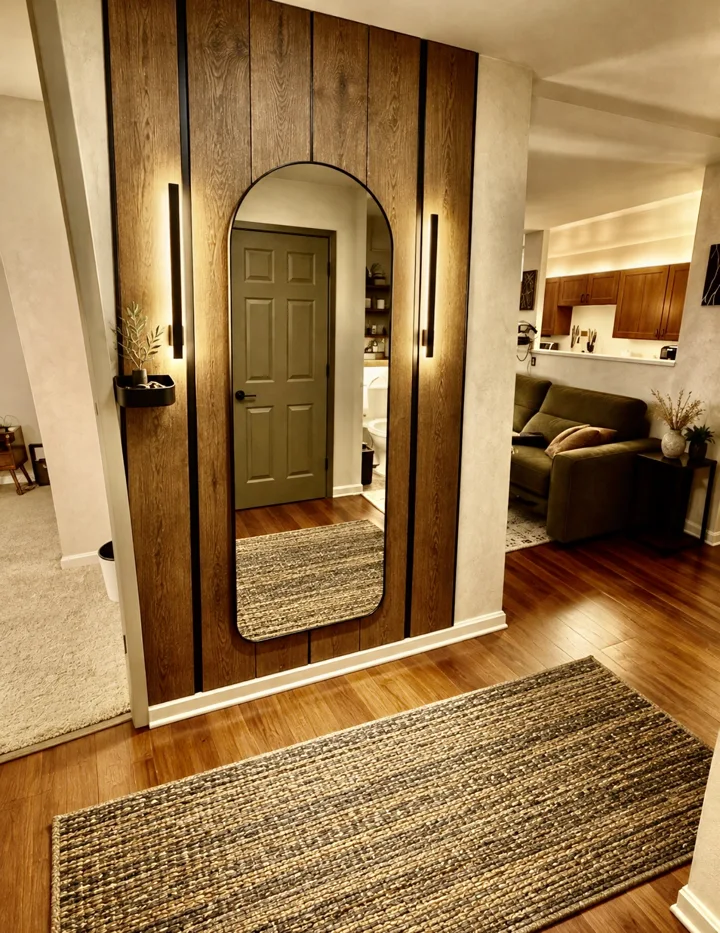 Entry design study with wood paneling, an arched mirror, and slim wall lights