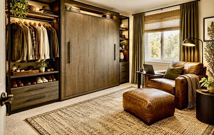 Design study of a Murphy bed wall, open storage, and a leather reading chair