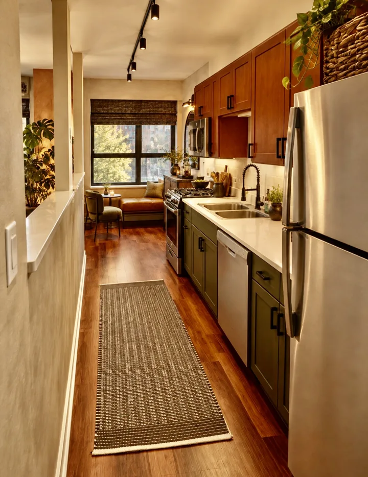 Kitchen design study with warm wood upper cabinets, olive lower cabinets, and layered lighting