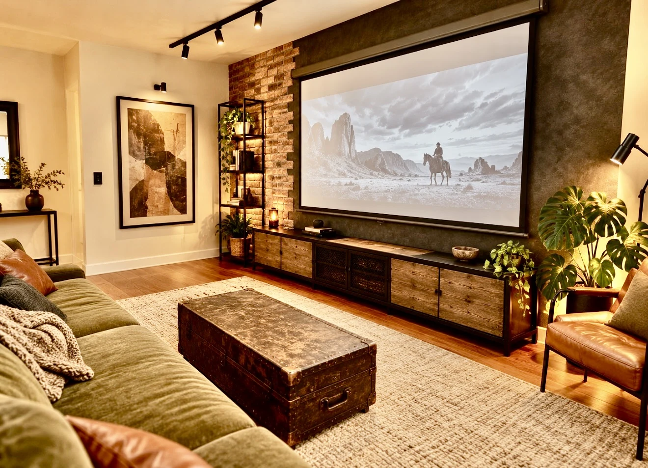 Living room design study with olive seating, a vintage trunk coffee table, and a projection screen
